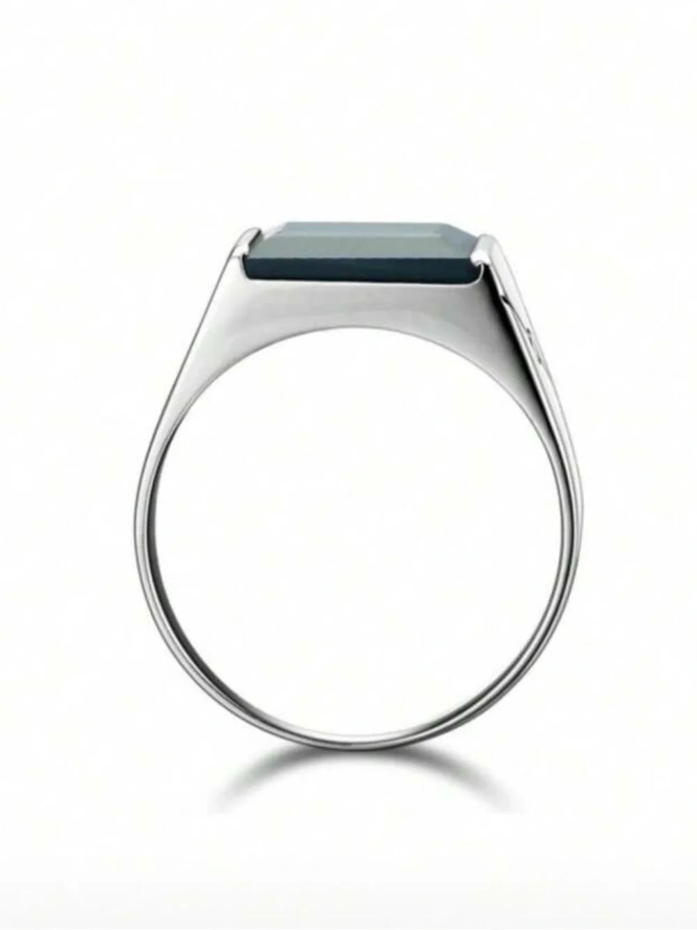 Silver Tone Men's Ring with Deep Blue Cubic Zirconia Rectangular Gem